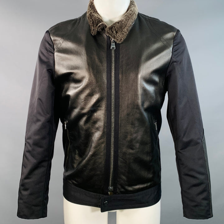 HUGO BOSS Size 40 Cliker Black Lambskin Leather Nylon Zip Up Jacket
