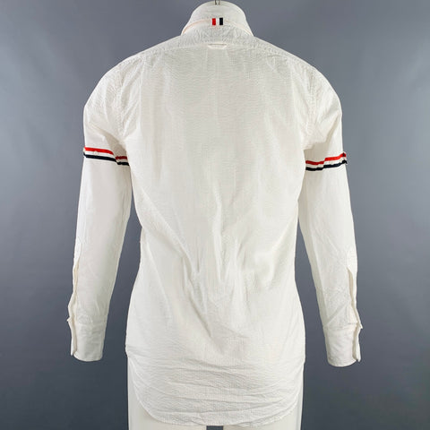 THOM BROWNE Size S White Red Navy Seersucker One Pocket Long Sleeve Shirt