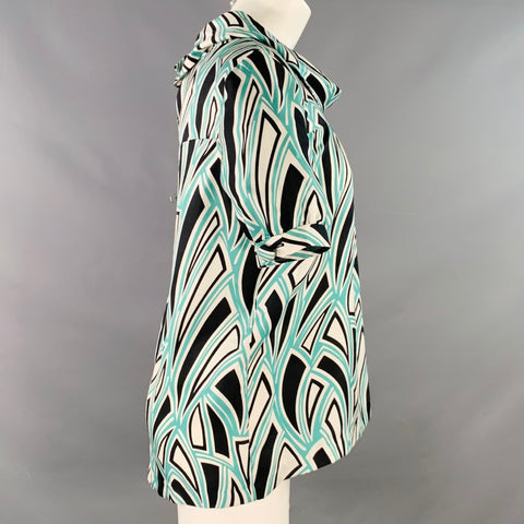TIBI Size 6 Green Black White Silk Abstract Cowl Neck Dress Top