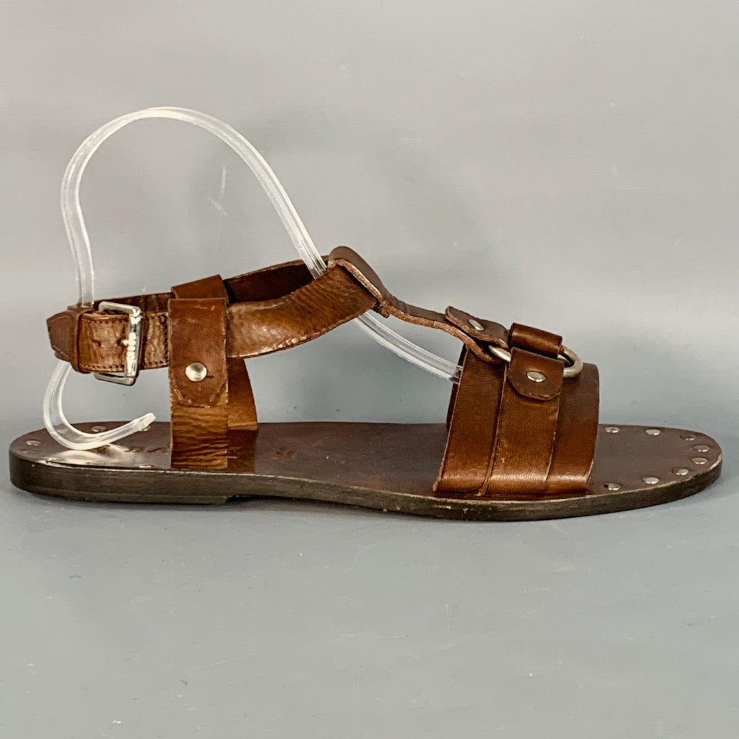 BALLY Size 6.5 Lurago Brown Silver Leather Studded Sandals