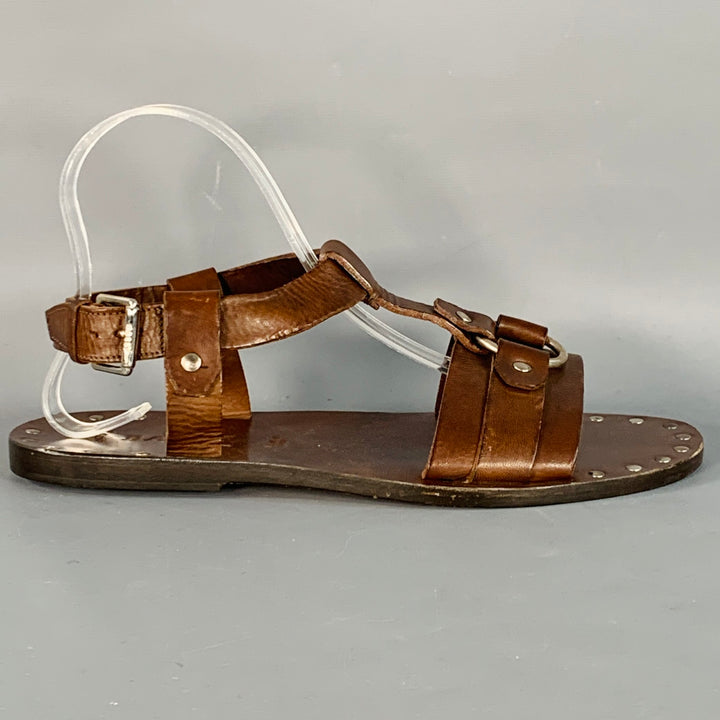 BALLY Size 6.5 Lurago Brown Silver Leather Studded Sandals