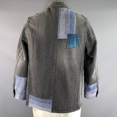 SASHIKO DENIM Size 42 Grey Blue Patchwork Cotton Pointed Collar Jacket