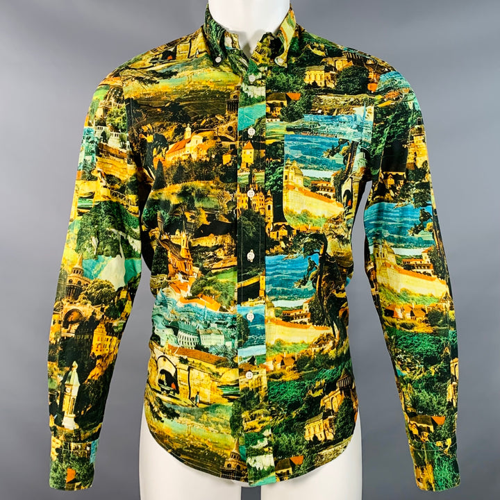 GITMAN BROS Size S Yellow Green Italy Print Cotton Button Down Collar Long Sleeve Shirt