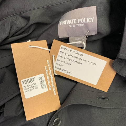 PRIVATE POLICY Size M Black Cotton Patch Pockets Cargo Vest Long Sleeve Shirt