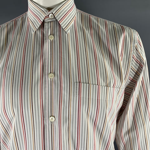 BRIONI Size M White Multi-Color Stripe Cotton Pointed Collar Long Sleeve Shirt