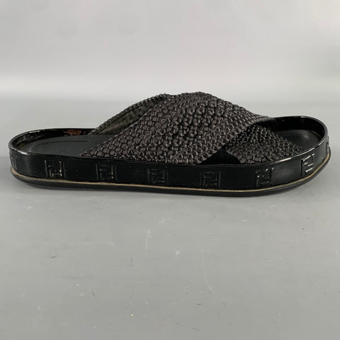 FENDI Size 8 Black Monogram Nylon Slide Sandals
