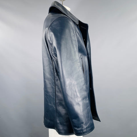 LOST WORLDS Size 44 Navy Leather Double Breasted Peacoat