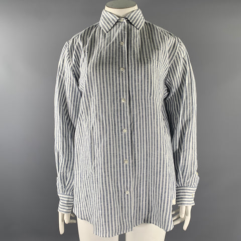 LORO PIANA Size 12 White Blue Flax Stripe Shirt