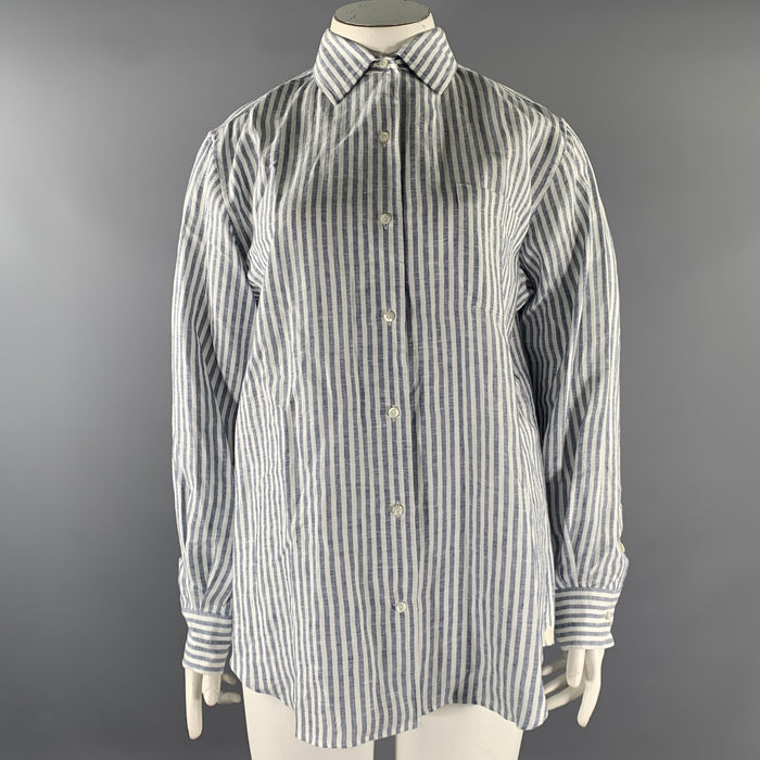 LORO PIANA Size 12 White Blue Flax Stripe Shirt
