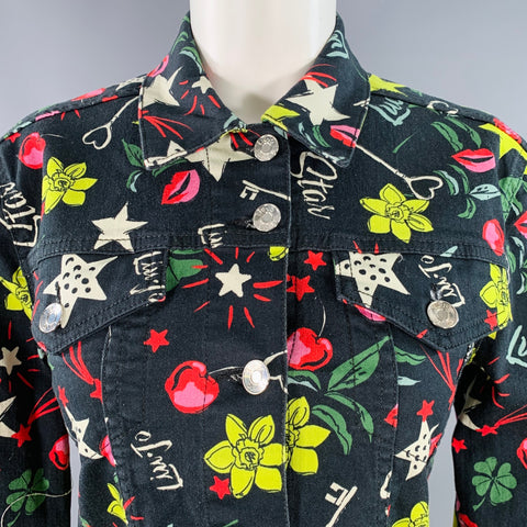 LIU JO Size M Black Multi Color Cotton Blend Print Raw Edge Cropped Jacket