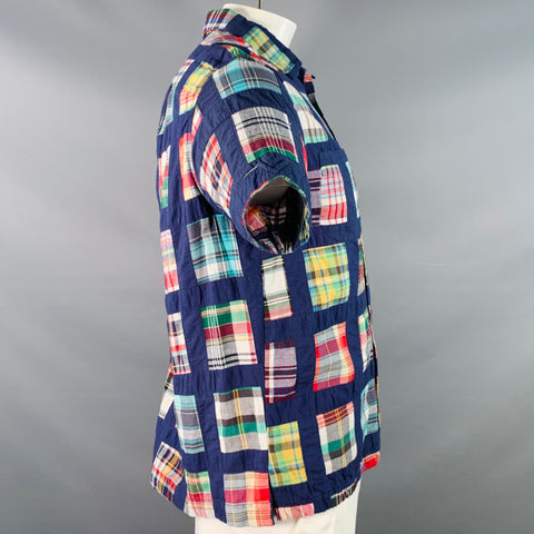 MONITALY Size L Navy Multi Color Madras Cotton Two Pockets Short Sleeve Shirt