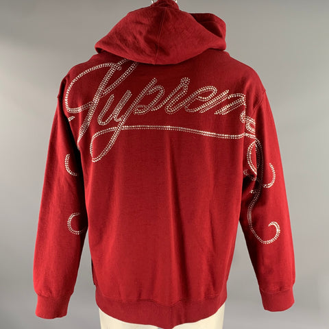 SUPREME Size L Burgundy Rhinestone Cotton Hoodie Sweatshirt