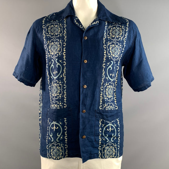 KAPITAL Size L Navy Blue Abstract Floral Linen Camp Short Sleeve Shirt