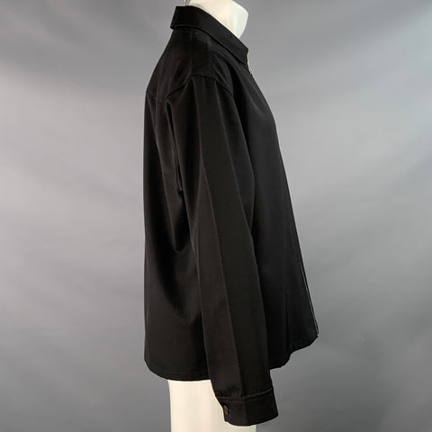 PRADA Size S Black Virgin Wool Twill Contrast Collar Zip Up Shirt Jacket