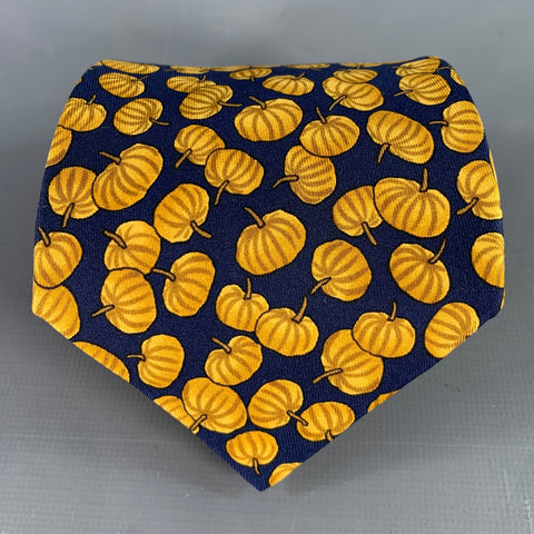 HERMES Navy Beige Pumpkins Silk Tie