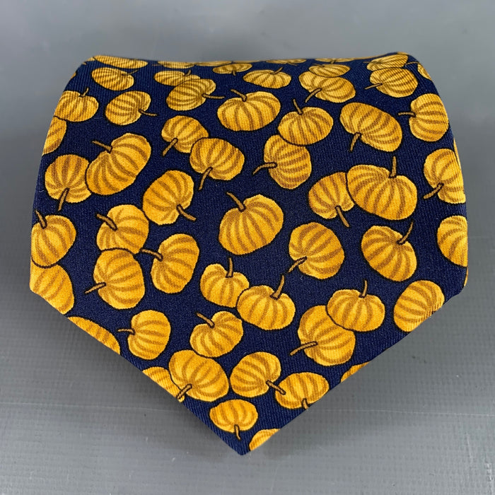 HERMES Navy Beige Pumpkins Silk Tie