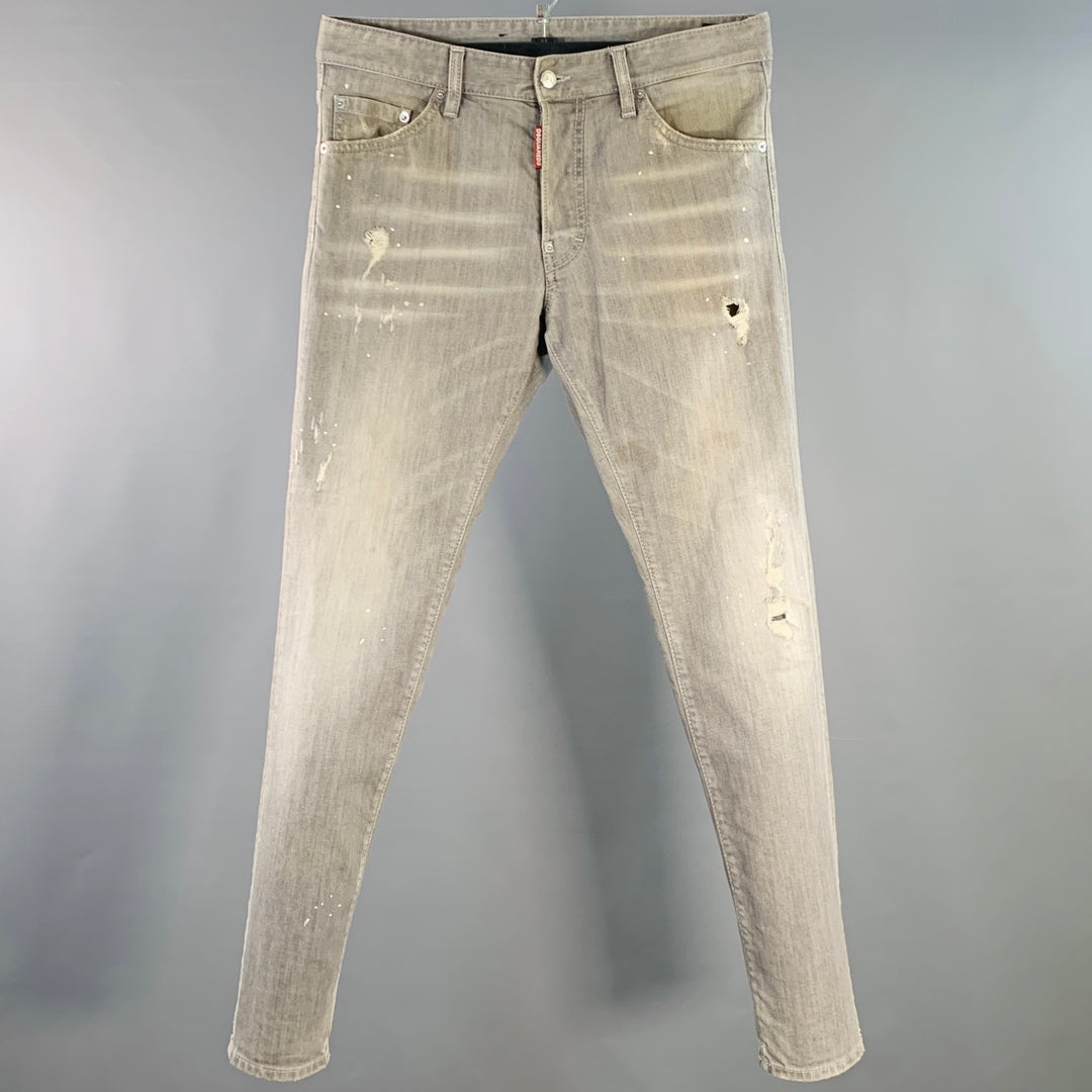 DSQUARED2 Size 32 Grey Distressed Cotton Blend Paint Splatter Straight Button Fly Jeans