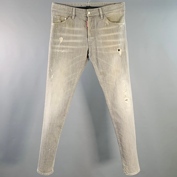 DSQUARED2 Size 32 Grey Distressed Cotton Blend Paint Splatter Straight Button Fly Jeans