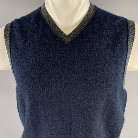 VINCE Size M Navy Grey Cashmere V-Neck Sweater Vest