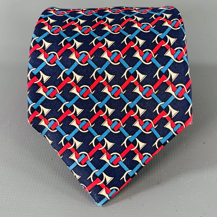 HERMES Navy Red Blue Woven Musical Horns Silk Tie