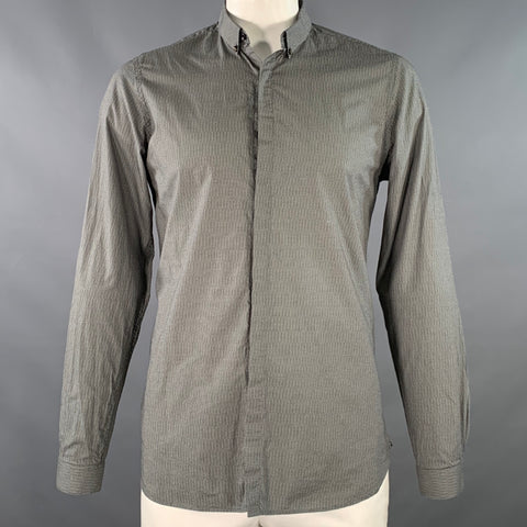 THE KOOPLES Size L Black White Cotton Basketweave Skull Hidden Buttons Fitted Long Sleeve Shirt