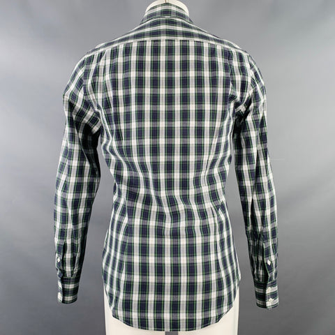 MICHAEL BASTIAN Size S Navy White Green Plaid Cotton Roll Tab Long Sleeve Shirt