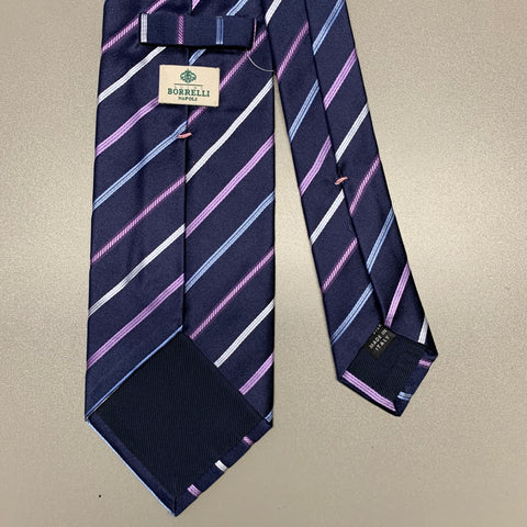 BORRELLI Navy Purple Diagonal Stripe Silk Tie