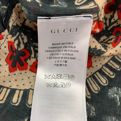 GUCCI Size L Gray Red Khaki Print Cotton Nehru Collar Long Sleeve Shirt