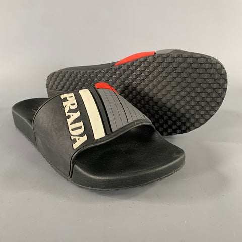 PRADA Size 8 Black & White Logo Rubber Slide Sandals