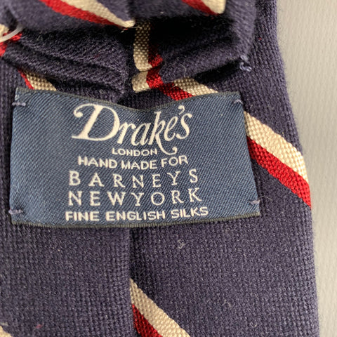 DRAKES LONDON Navy White & Red Diagonal Stripe Cotton Blend Tie