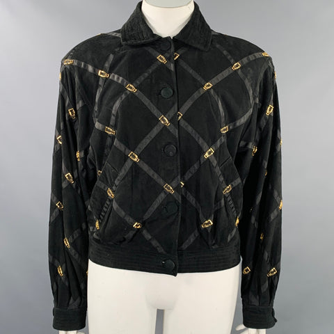 BRUNO MAGLI Size M Black Gold Suede Checkered Button Up Jacket