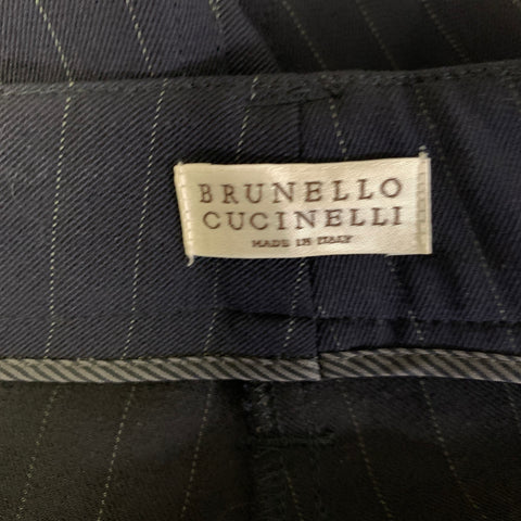 BRUNELLO CUCINELLI Size 6 Navy White Wool Blend Pinstripe Tapered Dress Pants