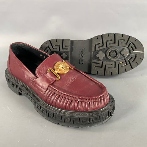 VERSACE Size 8 Burgundy Gold Medusa Leather Loafers
