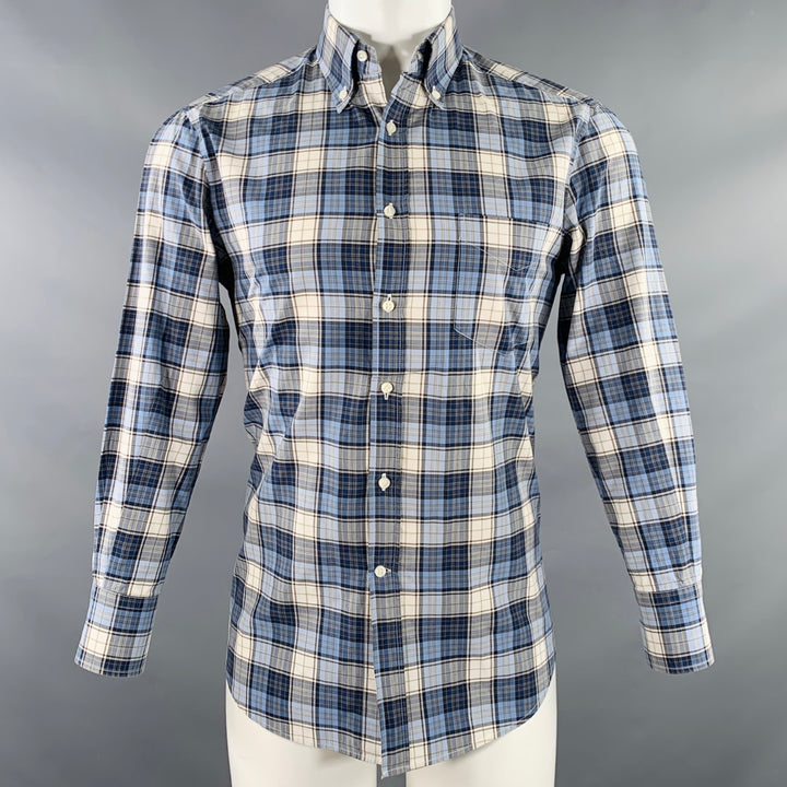 BRUNELLO CUCINELLI Taille S Chemise à manches longues boutonnée en coton à carreaux bleu marine
