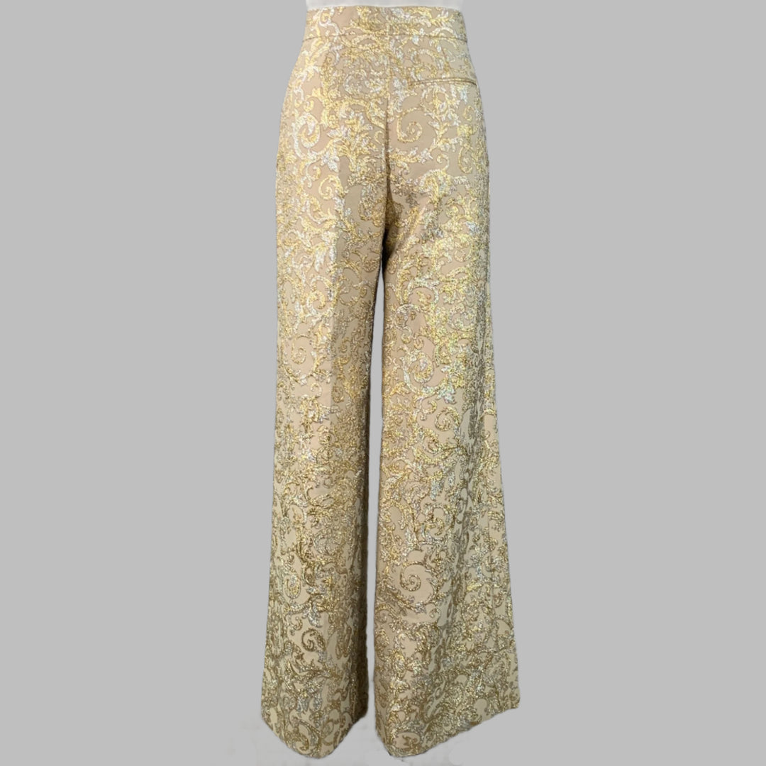 STELLA McCARTNEY Size 2 Metallic Gold Silver Polyamide Blend Jacquard Peak Lapel Pantsuit