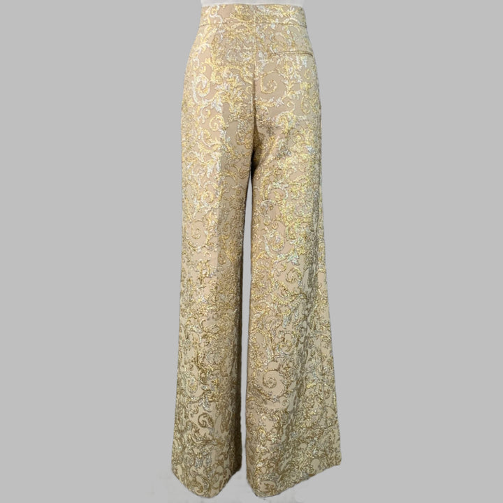 STELLA McCARTNEY Size 2 Metallic Gold Silver Polyamide Blend Jacquard Peak Lapel Pantsuit
