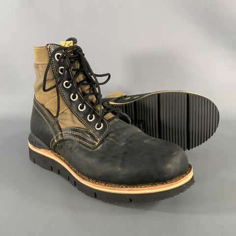 VISVIM Size 9.5 Black Olive Distressed Leather Canvas Lace Up Boots