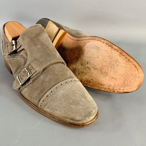 JOHN VARVATOS Size 9.5 Grey Suede Perforated Double Monk Strap Loafers