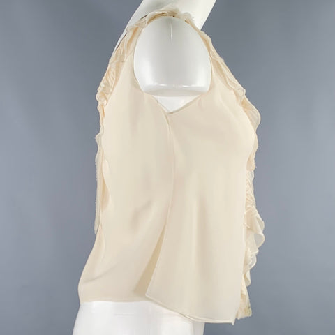 J.MENDEL Size 6 Cream Silk Ruffled Sleeveless Dress Top
