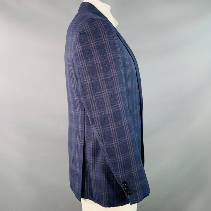 ARMANI COLLEZIONI Size 44 Navy Blue Brown Plaid Virgin Wool Notch Lapel Sport Coat