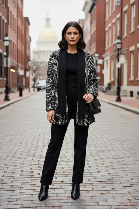 Black and white patterned jacket on a mannequin against a gray background