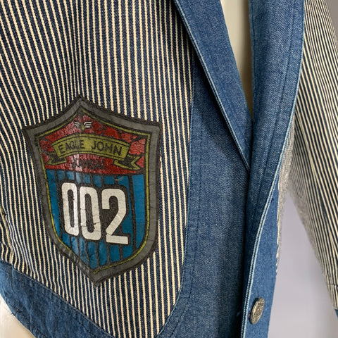 KANSAI YAMAMOTO Size M Blue White Stripe Cotton Shawl Collar Jacket