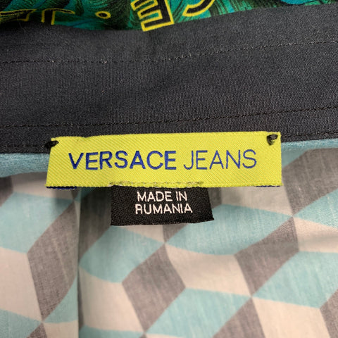 VERSACE JEANS Size S Green Gold Print Cotton Button Up Long Sleeve Shirt