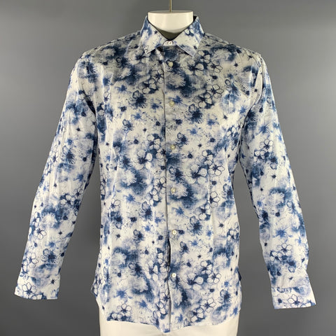 TED BAKER Size L Blue White Floral Cotton Button Up Long Sleeve Shirt