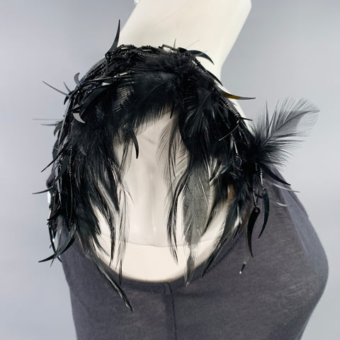 VINTAGE Size S Black Cotton Blend Beaded Feathers Tank Casual Top