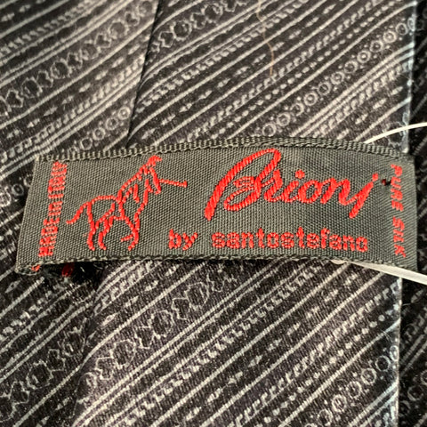 BRIONI One Size Black Grey Diagonal Stripe Silk Satin Tie