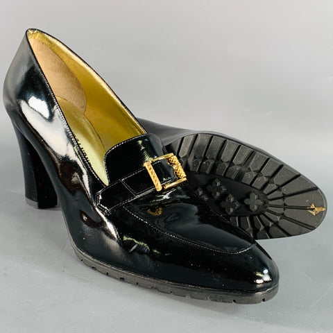 BOTTEGA VENETA Size 9 Black Gold Patent Leather Buckle Pumps