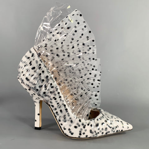 MIDNIGHT 00 Size 7.5 White Black Tulle Polka Dot Leather Trim Stiletto Heels Pumps
