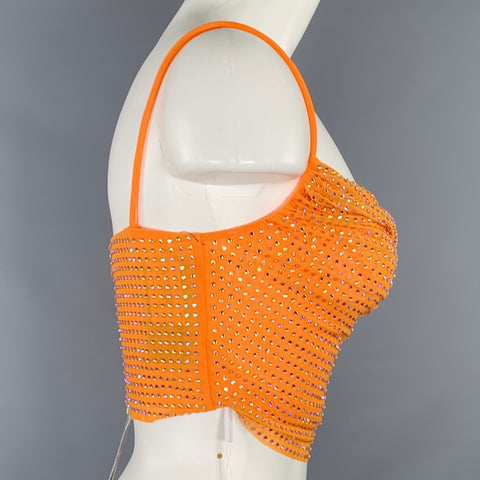 SELF-PORTRAIT Size 4 Hotfix Orange Silver Viscose Blend Rhinestones Cropped Dress Top