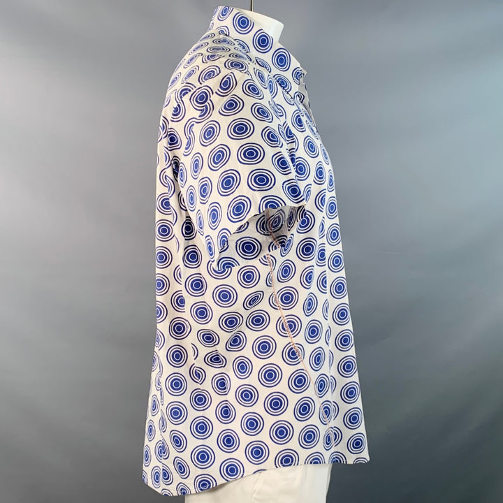 HUGO BOSS Size XL Blue White Circles Cotton Pointed Collar Short Sleeve Shirt